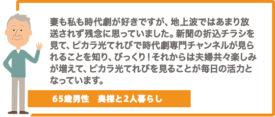 妻も私も時代劇が好きですが、地上波ではあまり放送されず残念に思っていました。新聞の折込チラシを見て、ケーブルテレビで時代劇専門チャンネルが見られることを知り、びっくり！それからは夫婦共々楽しみが増えて、ケーブルテレビを見ることが毎日の活力となっています。【65歳男性　奥様と2人暮らし】