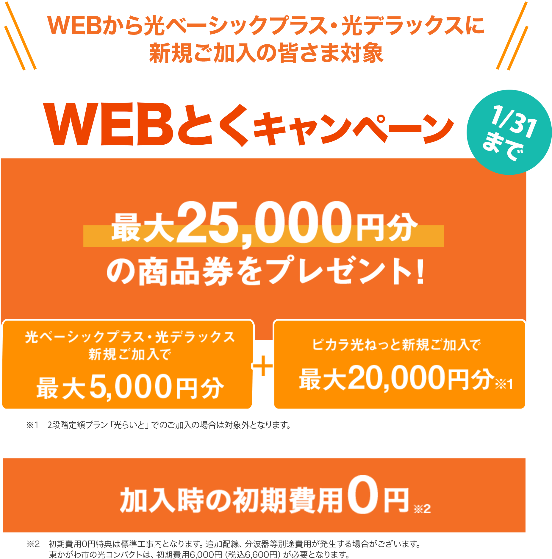 【WEBとくキャンペーン】WEBから光ベーシックプラス・光デラックスご加入の皆さまに最大25,000円分の商品券をプレゼント!
光ベーシックプラス・光デラックス新規ご加入で最大5,000円分
ピカラ光ねっと新規ご加入で最大20,000円分
加入時の初期費用0円